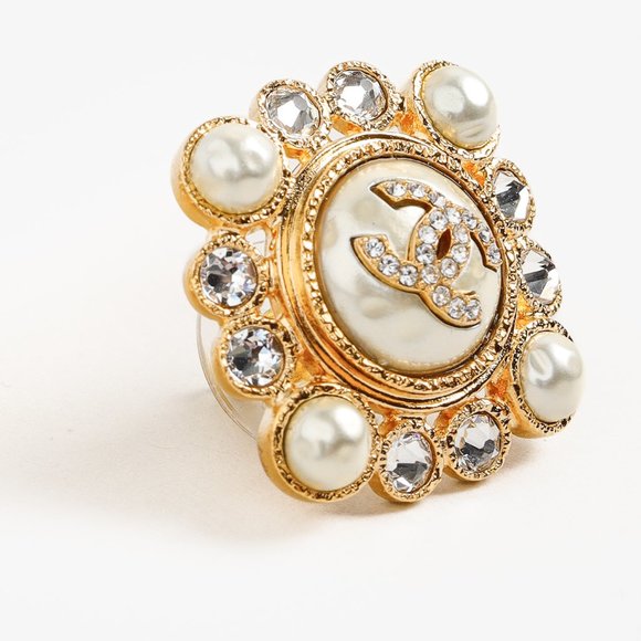 Chanel Gold-Tone Crystal and Pearl Rhinestones Squared Halo Stud Earrings - Picture 2 of 5